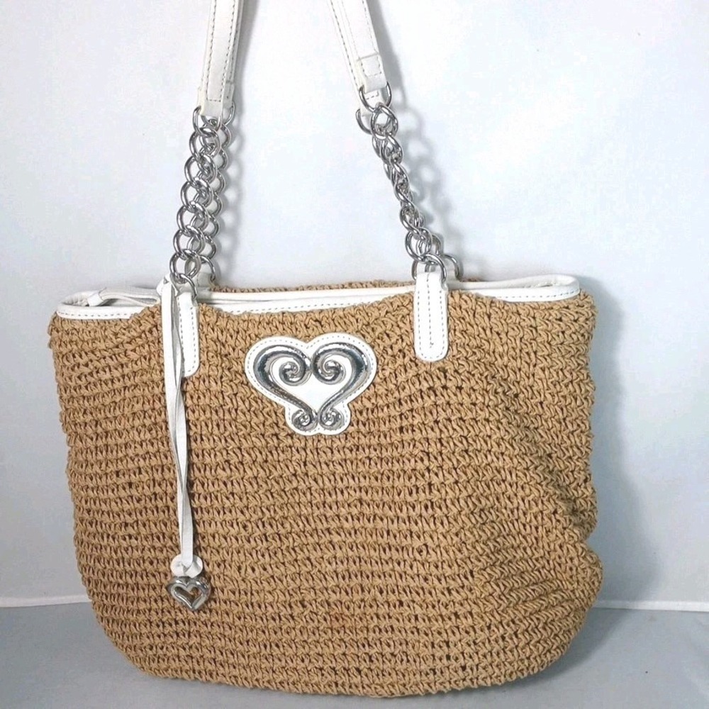 Brighton Straw Woven Tote Bag White Leather Trim Heart Charmed Boho Basket Purse
